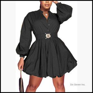 Polyester Spandex Button Down Shirt Dress Long Sleeve A-Line Mini